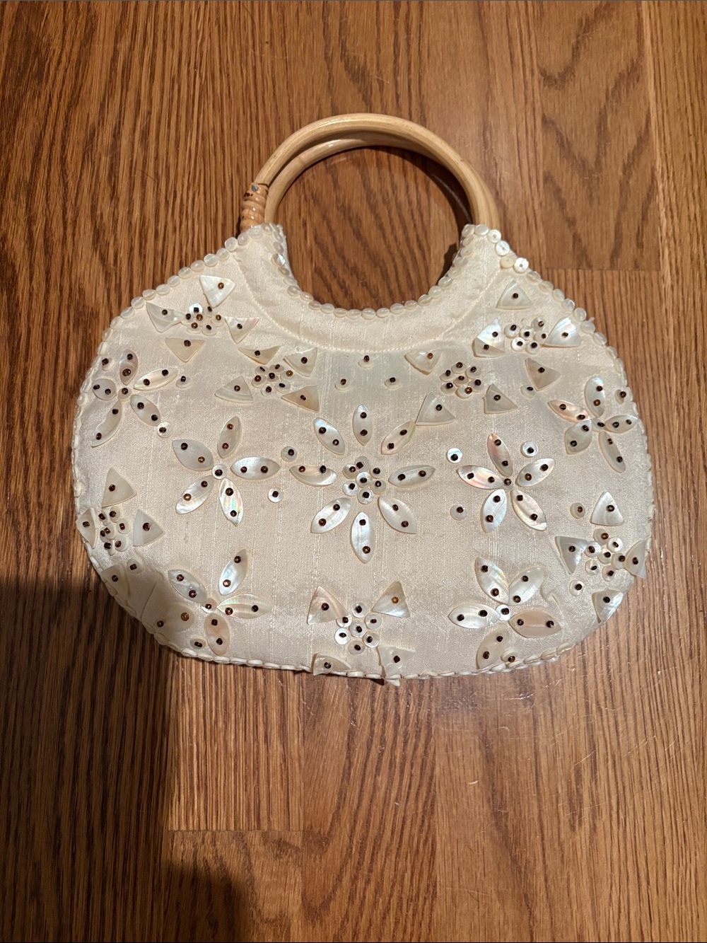 Embellished winter white Floral Sequin Handbag with Wooden Handles